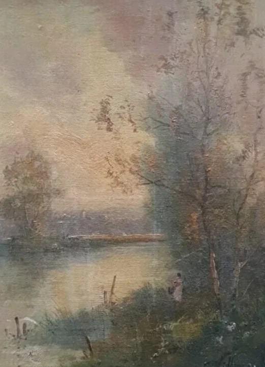 Antique Original Painting Woman in a Forest Tree Landscape - 4