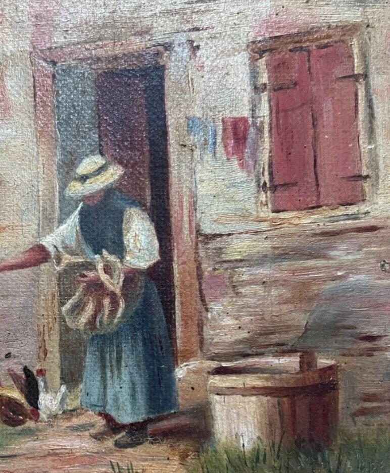 Antique Original Painting Farming Woman Giving Food to Chicken 1896 - 3