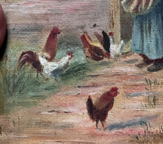 Antique Original Painting Farming Woman Giving Food to Chicken 1896 - 4