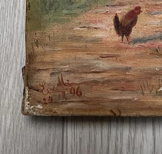 Antique Original Painting Farming Woman Giving Food to Chicken 1896 - 5