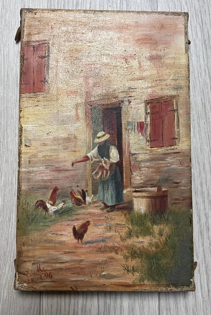 Antique Original Painting Farming Woman Giving Food to Chicken 1896 - 6