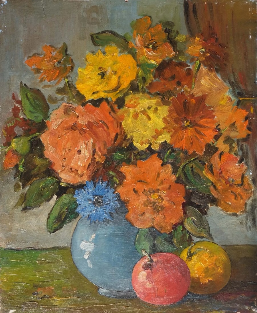 Antique Oil Painting Still Life Orange Yellow Bouquet, Flowers, Floral (1 of 8)