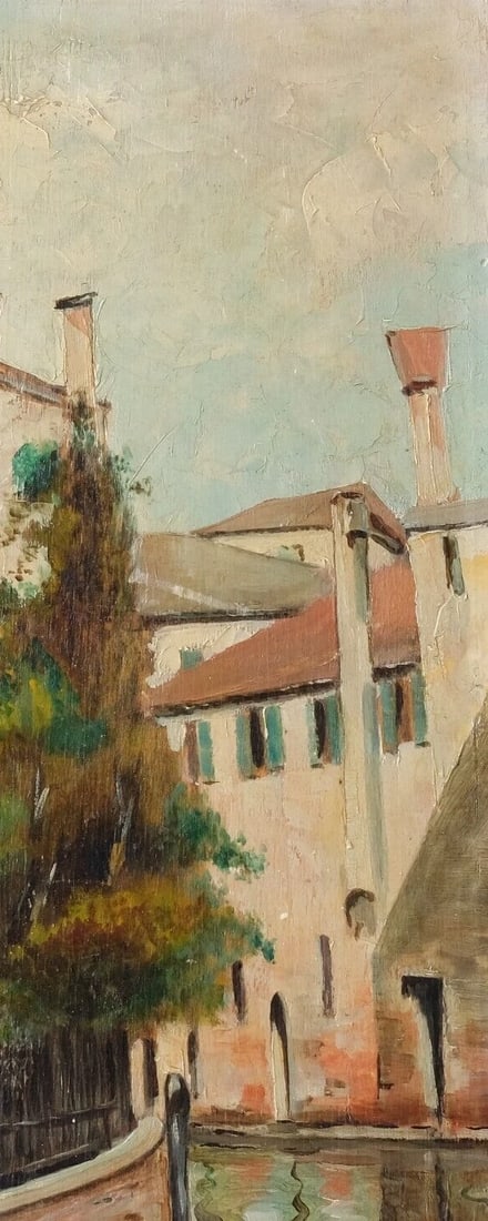 Antique Oil Painting Original Signed MARIN Landscape, Village, House, Canal - 4