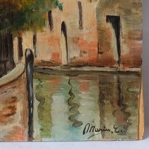 Antique Oil Painting Original Signed MARIN Landscape, Village, House, Canal - 5
