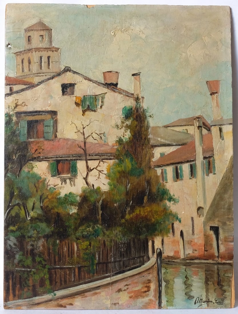 Antique Oil Painting Original Signed MARIN Landscape, Village, House, Canal - 6