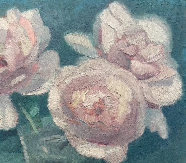 Antique Painting Flowers Bouquet Oil Pink Roses Bouquet, Vase Signed Floral - 5