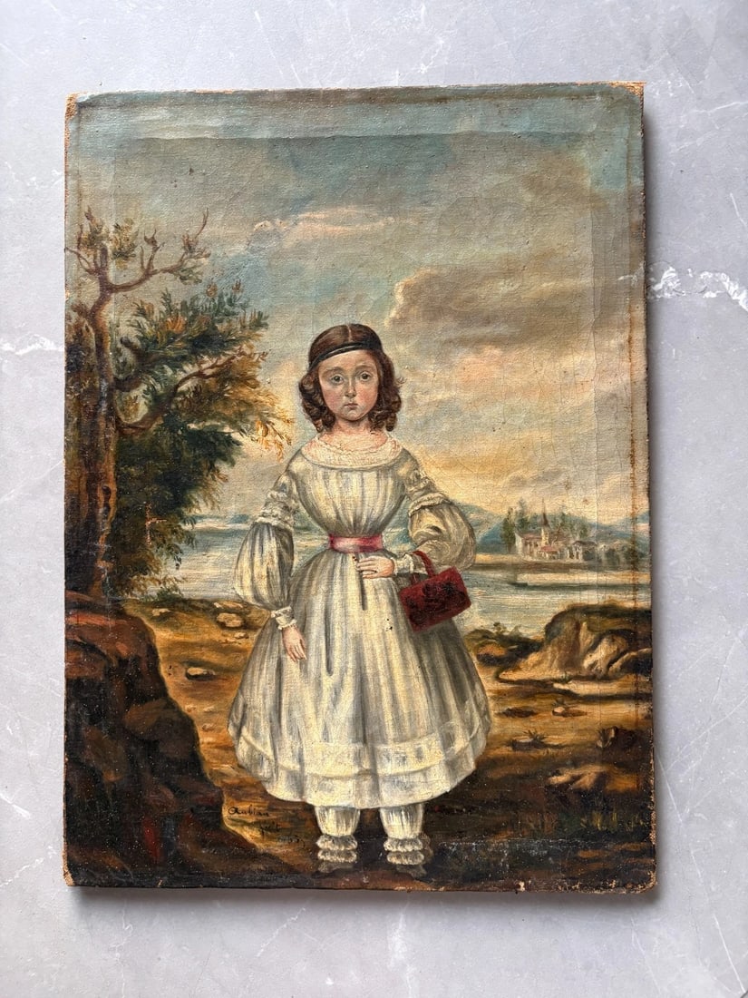 Antique Oil Original Painting Young Girl Portrait Landscape 1839 Signed AUBIN - 2