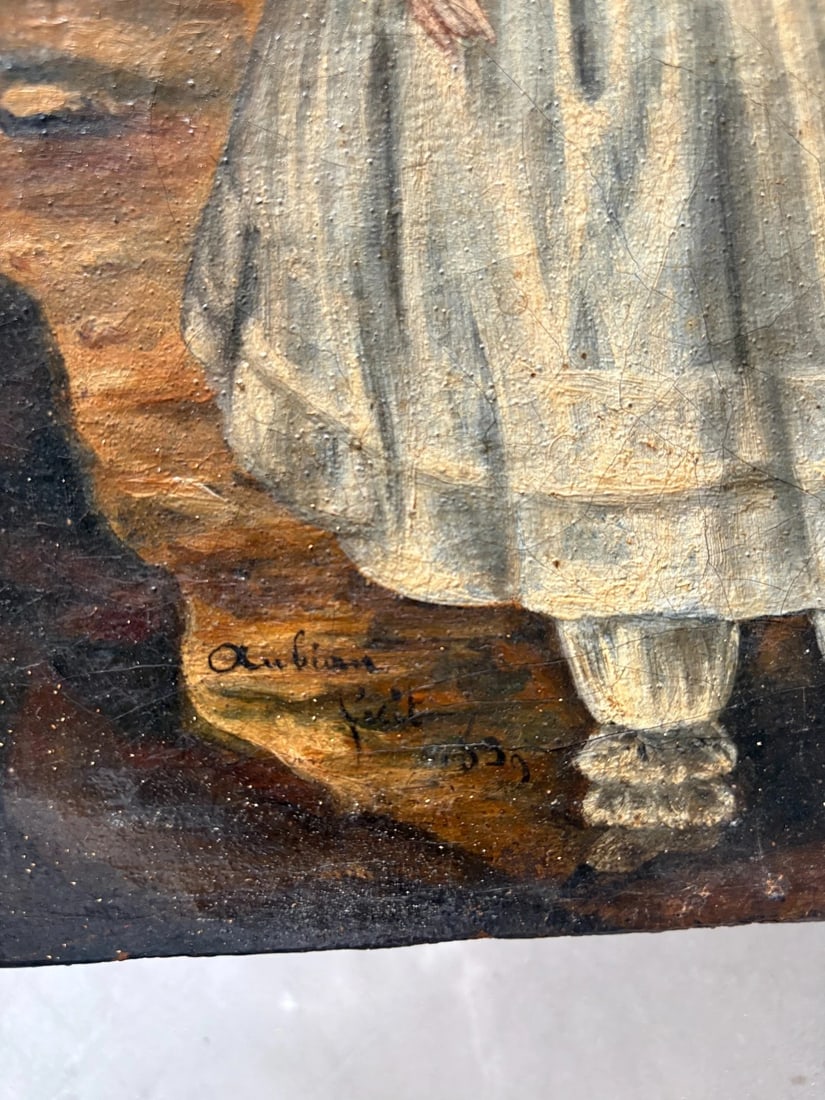 Antique Oil Original Painting Young Girl Portrait Landscape 1839 Signed AUBIN - 7