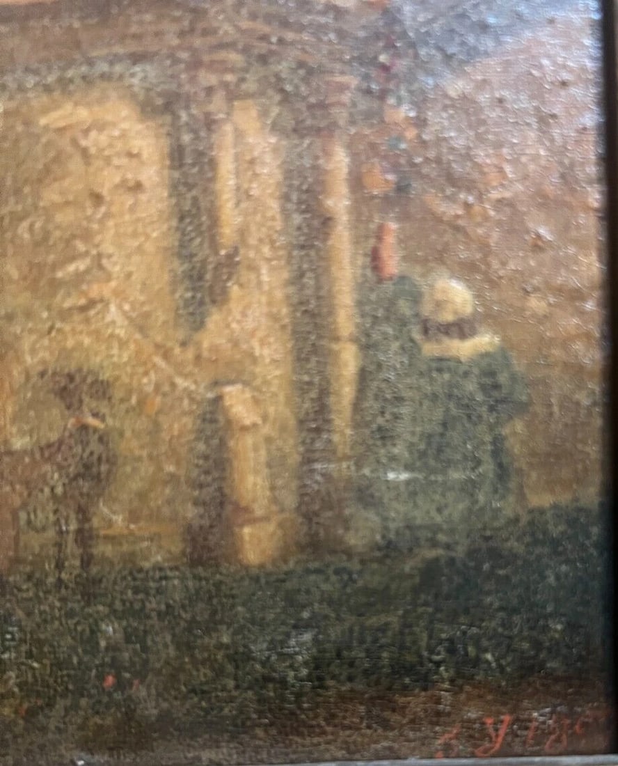 Antique Painting Original 19th century Calvary monuments, People, Landscape 1871 - 3