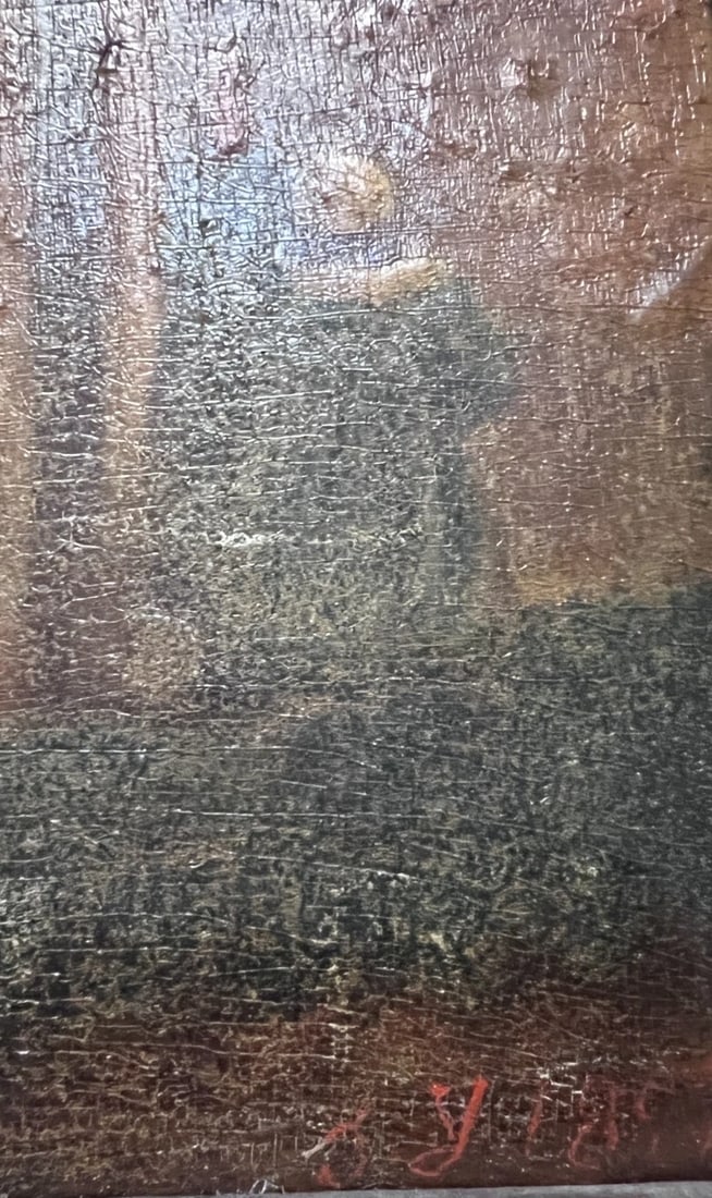 Antique Painting Original 19th century Calvary monuments, People, Landscape 1871 - 5