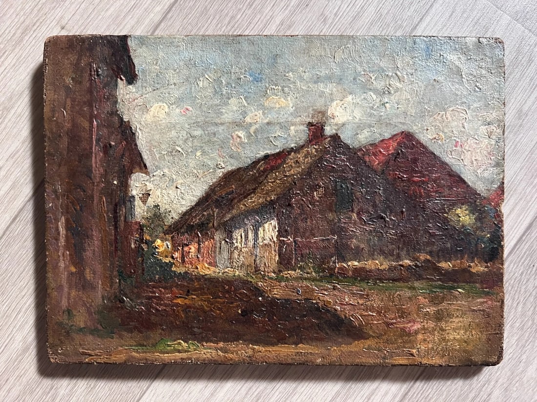 Antique Painting Original Landscape, Mountain, Village, Houses 19th century - 2