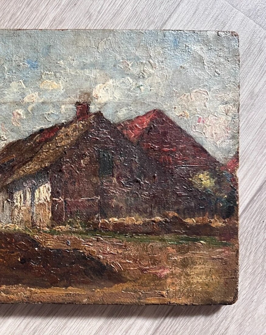 Antique Painting Original Landscape, Mountain, Village, Houses 19th century - 4