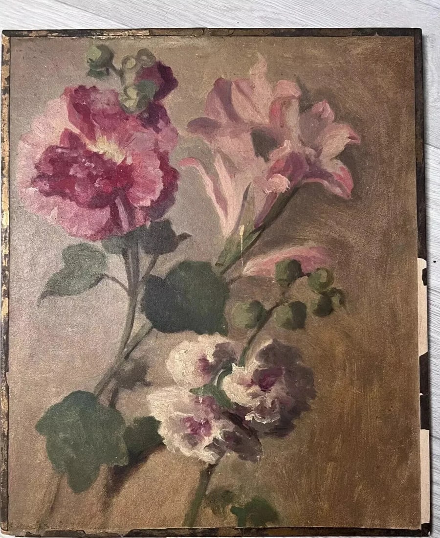 Vintage Antique Oil Painting Still Life Bouquet, Flowers in a Vase - 5
