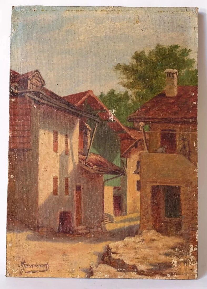 Antique Oil Painting on Canvas Landscape, Houses, Village signed - 2