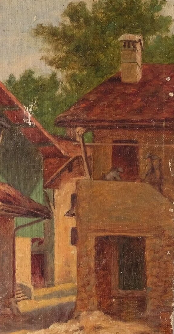 Antique Oil Painting on Canvas Landscape, Houses, Village signed - 3