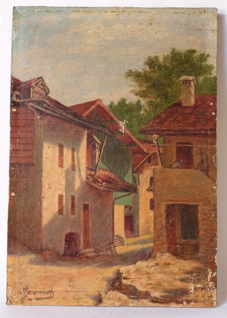 Antique Oil Painting on Canvas Landscape, Houses, Village signed - 5