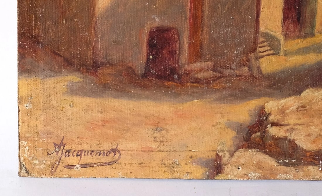 Antique Oil Painting on Canvas Landscape, Houses, Village signed - 6