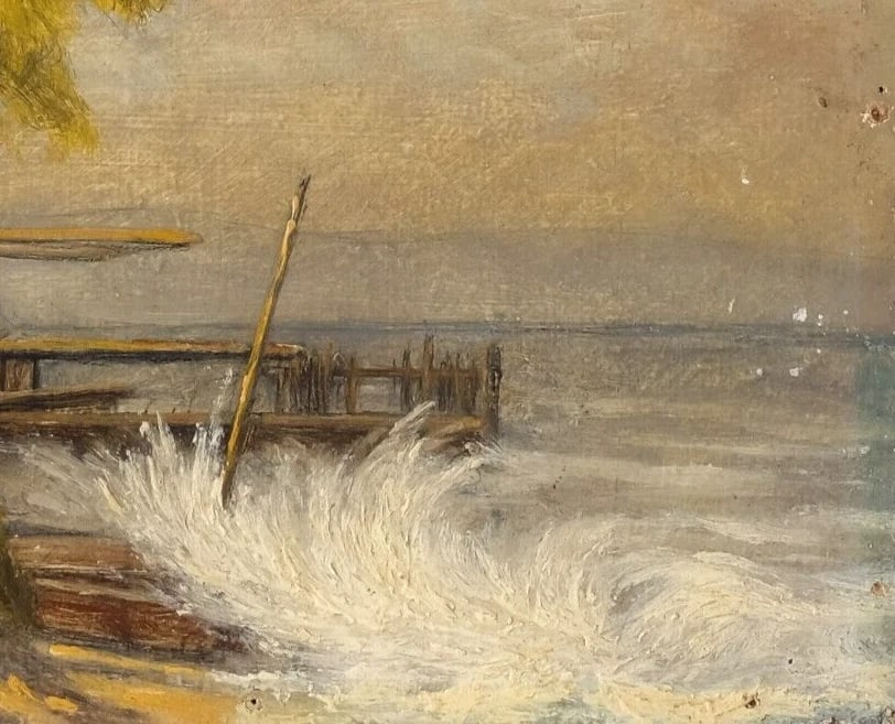 Antique Oil Original Painting signed Bourasque on Leman Amphion Haute Savoie - 2