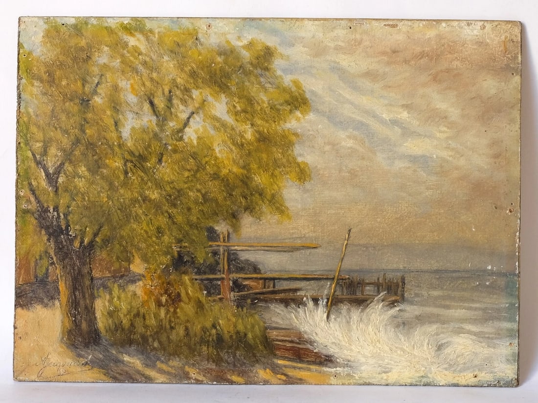 Antique Oil Original Painting signed Bourasque on Leman Amphion Haute Savoie - 4