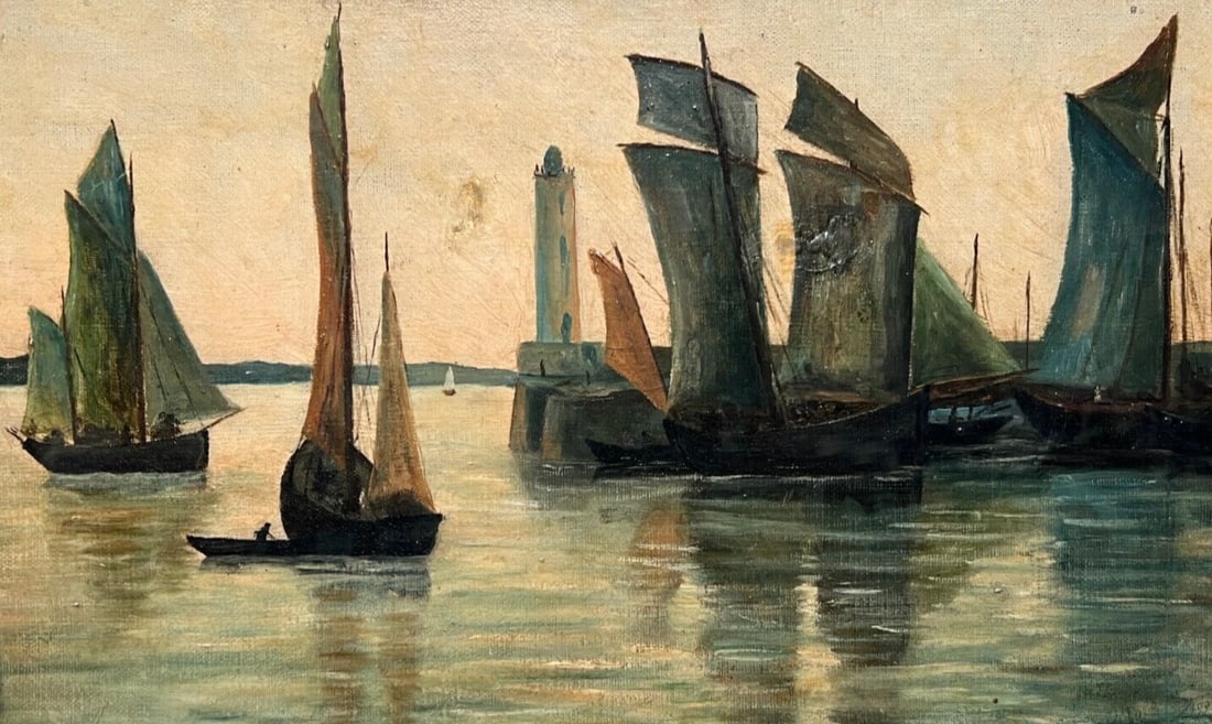 Antique Oil Painting Original Landscape, Seaview, Boats signed 19th century (1 of 8)