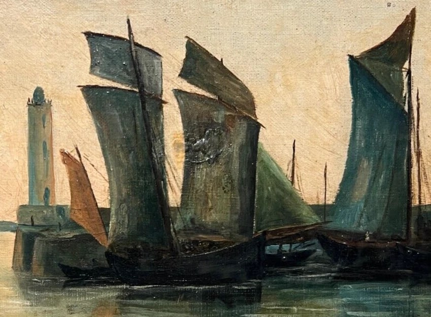 Antique Oil Painting Original Landscape, Seaview, Boats signed 19th century - 4