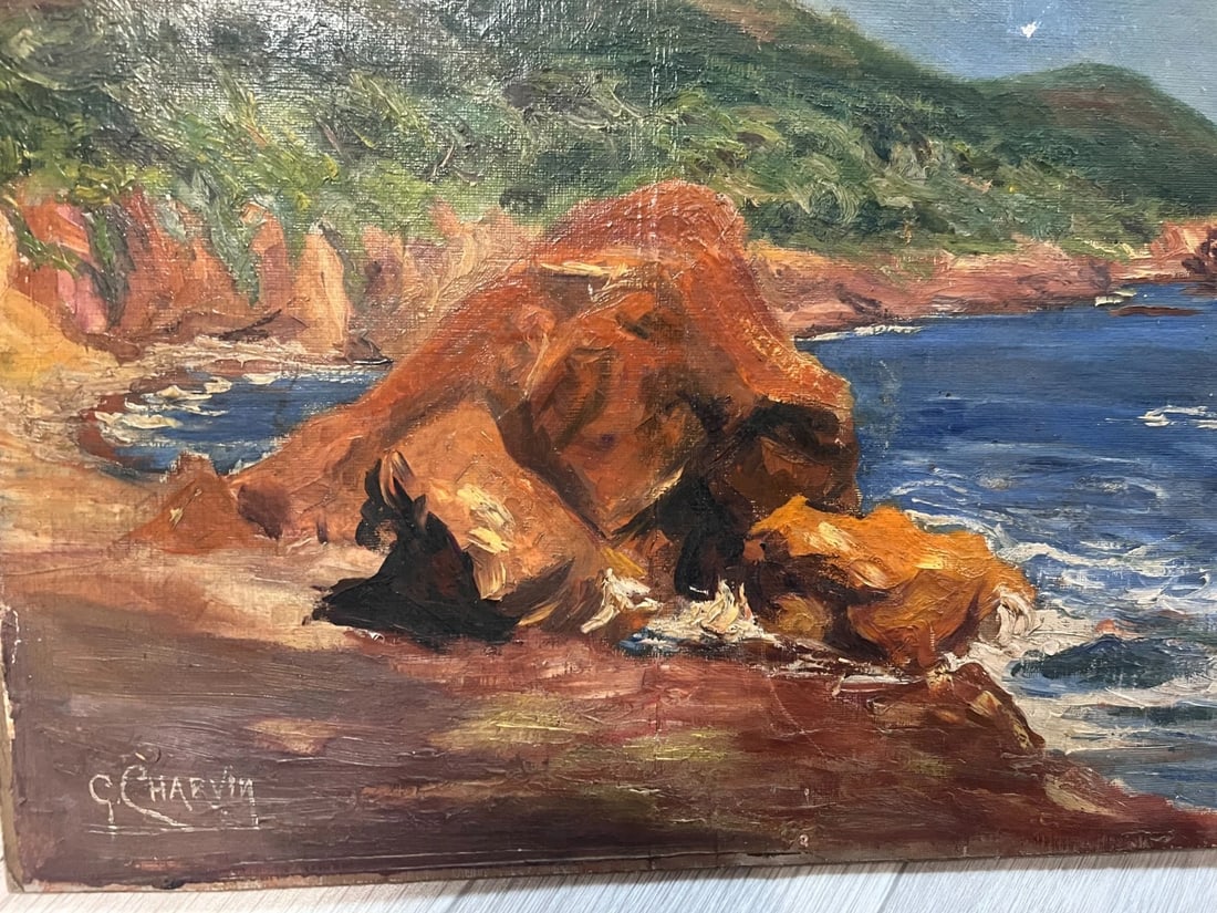 Antique Oil Painting Seascape Landscape Maritime View, Rocks signed (1 of 8)
