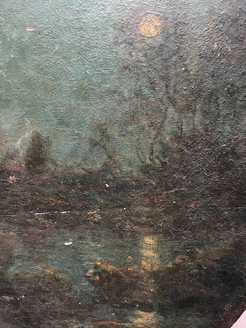 Antique Oil Painting Original Landscape, River, Trees, Forest, Moon, Night - 2