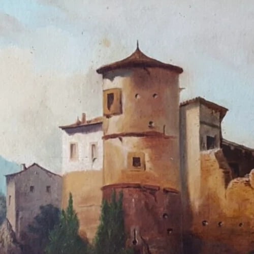 Antique Painting Oil Original 19th Century Fortified Hamlet Village Landscape - 4