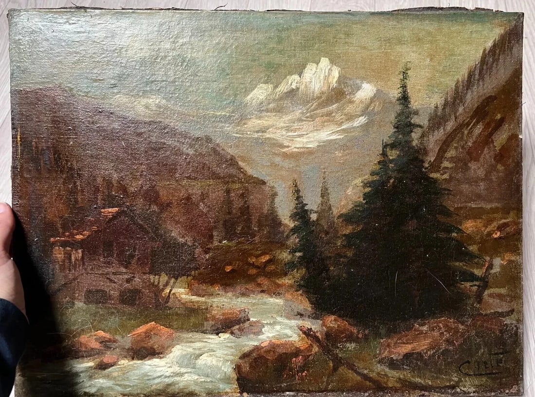 Antique Original Painting Chalet River Mountain Landscape 19th century - 8