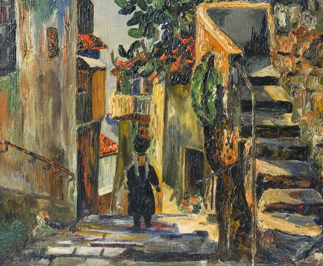 Painting Cityscape Woman with a Vase signed: Painting Cityscape Woman with a Vase signed Description Oil on canvas 27 x 35 cm / 10.62 x 13.77 inches signed Reserve: $150.00 Shipping:Domestic: Flat-rate of $25.00 to anywhere