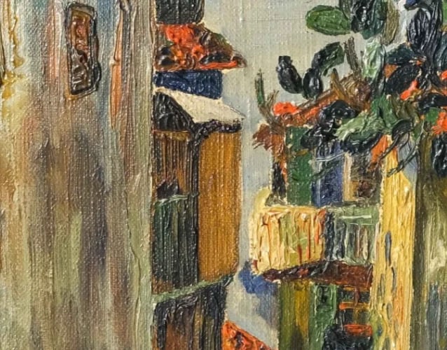 Painting Cityscape Woman with a Vase signed - 4