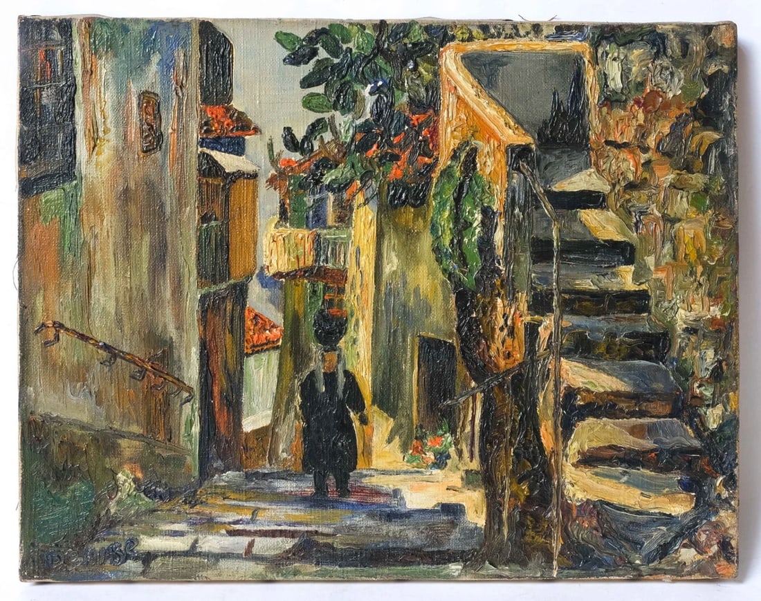 Painting Cityscape Woman with a Vase signed - 7