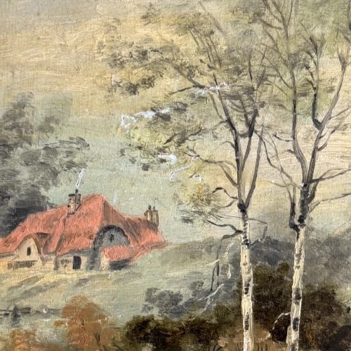 Antique Painting Landscape, Trees, River, Swans, Village 1903 - 4