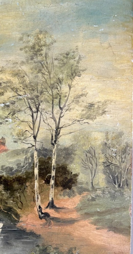 Antique Painting Landscape, Trees, River, Swans, Village 1903 - 5