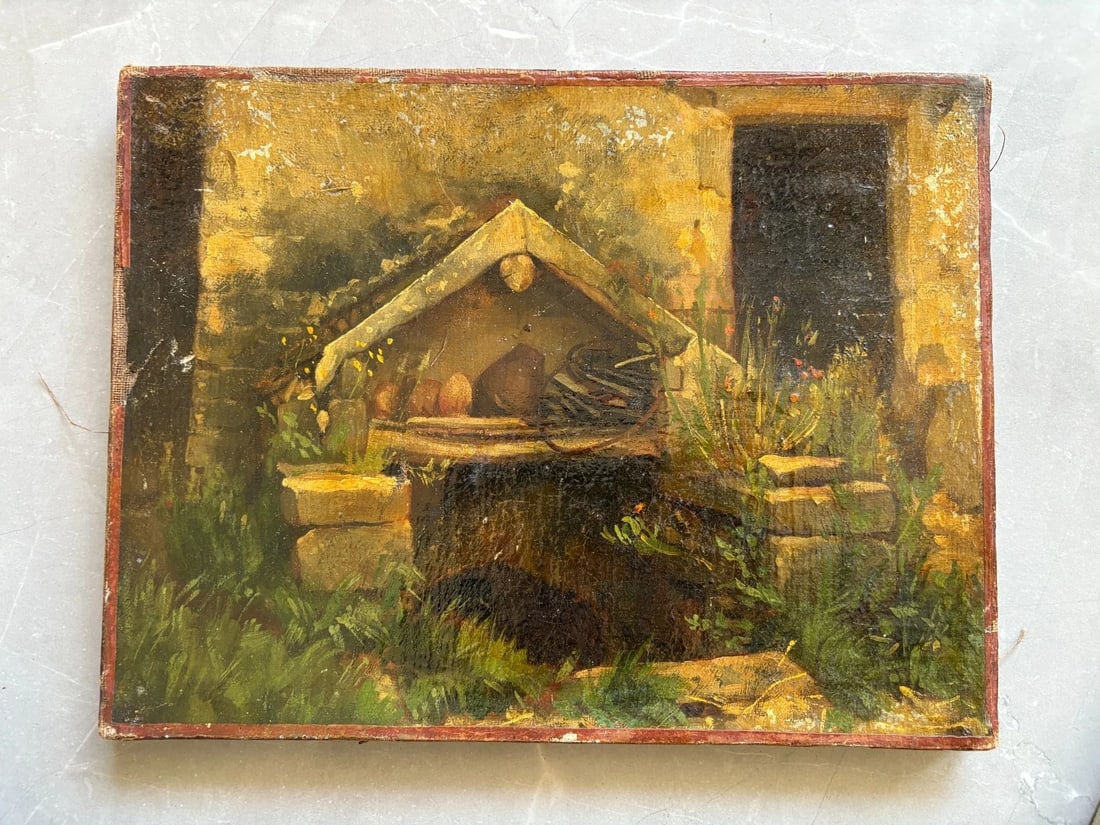 Antique Original Painting FirePlace, House, Garden 19th century - 7