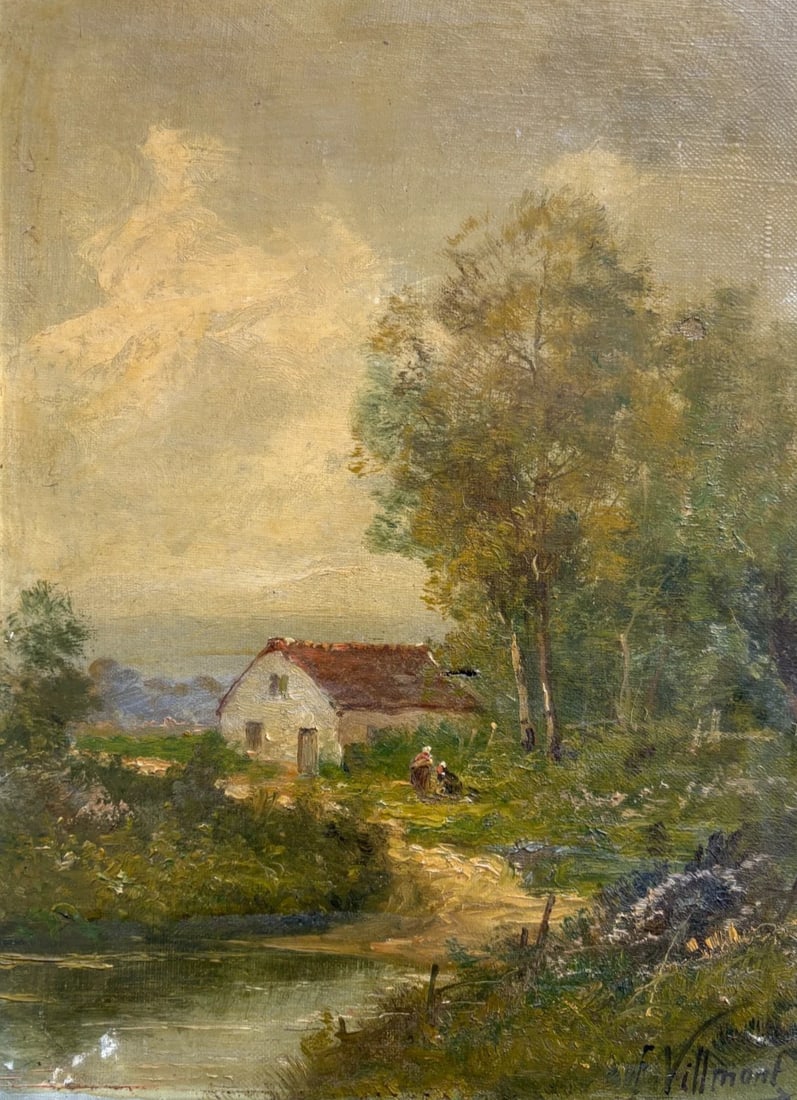 Antique Painting 19th century Landscape, House, People, Trees signed (1 of 8)