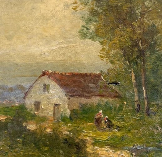Antique Painting 19th century Landscape, House, People, Trees signed - 3