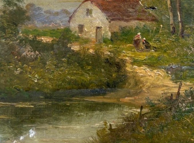 Antique Painting 19th century Landscape, House, People, Trees signed - 4