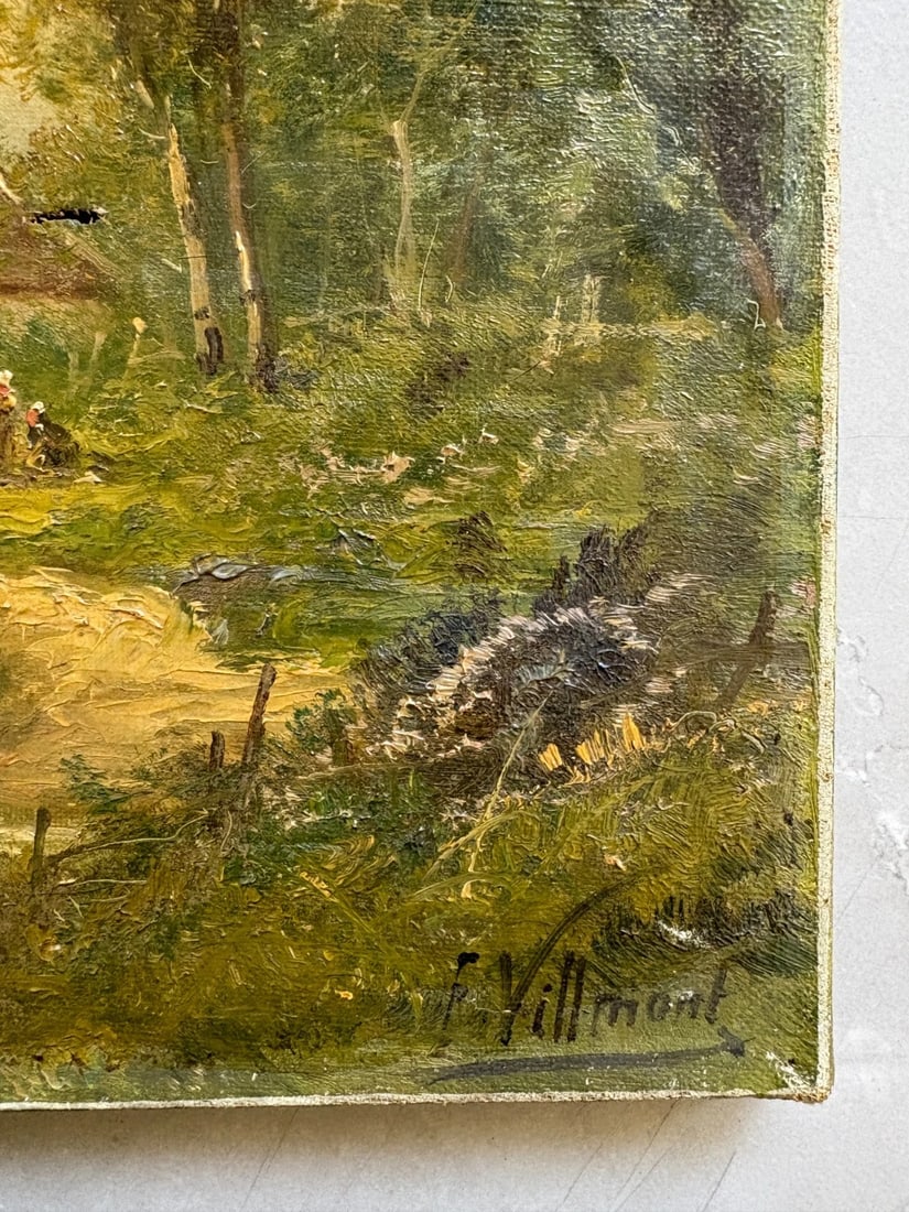 Antique Painting 19th century Landscape, House, People, Trees signed - 7