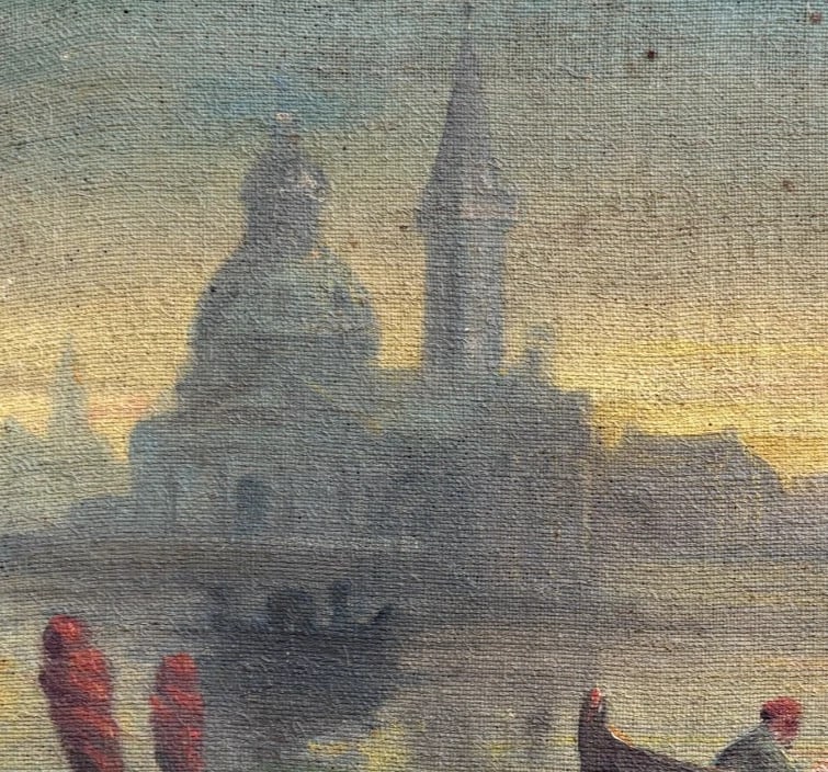 Antique Oil Painting Santa Salute Basilica, Grand Canal, Italy, Venice, Seascape - 6