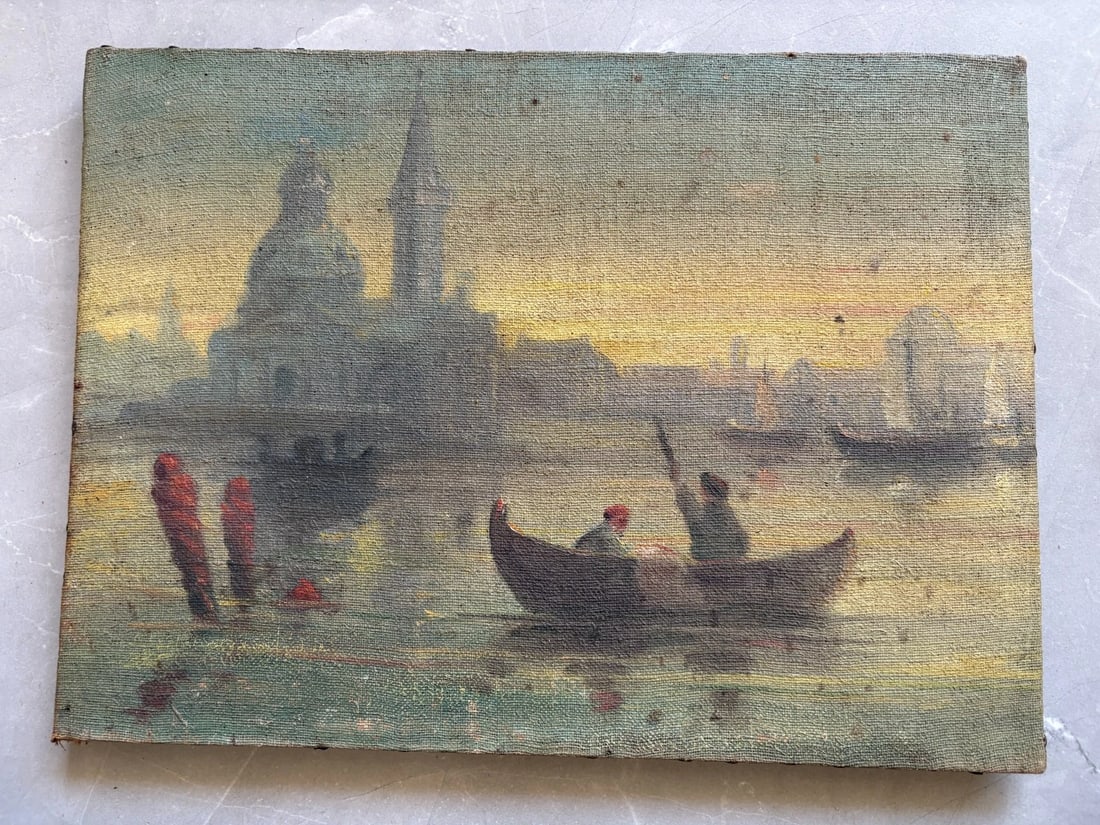 Antique Oil Painting Santa Salute Basilica, Grand Canal, Italy, Venice, Seascape - 7