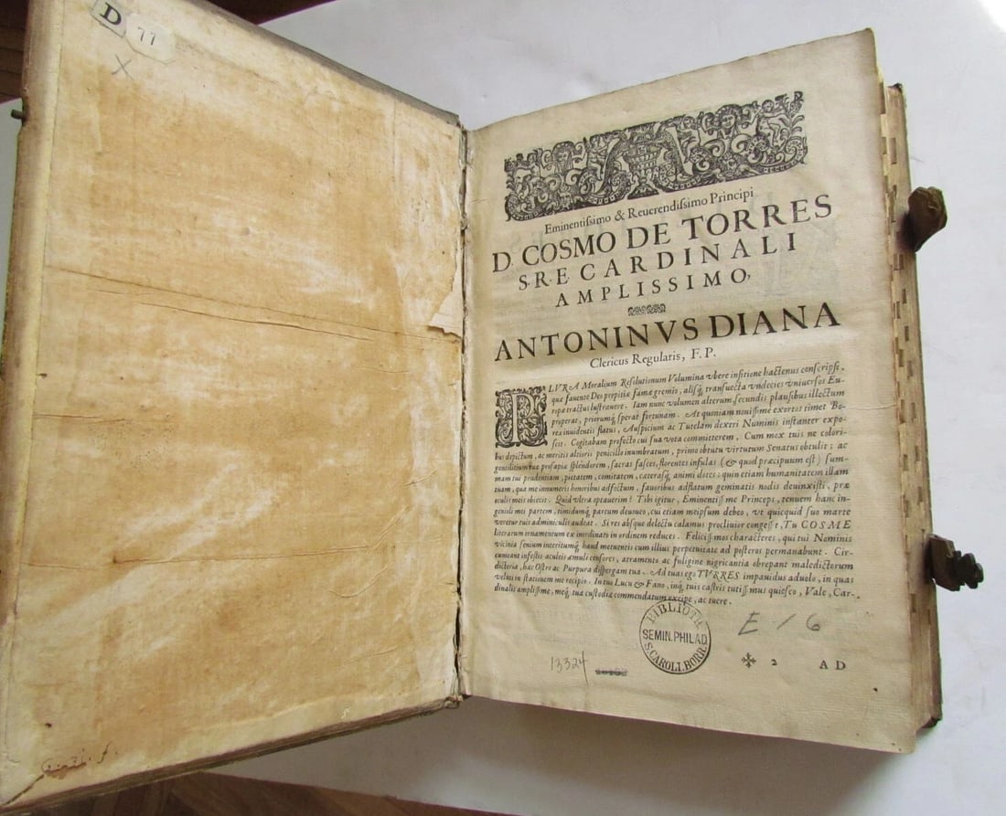 1640s ANTIQUE BLINDSTAMP PIGSKIN FOLIO ANTONINI DIANA Resolutionum Moralium - 3