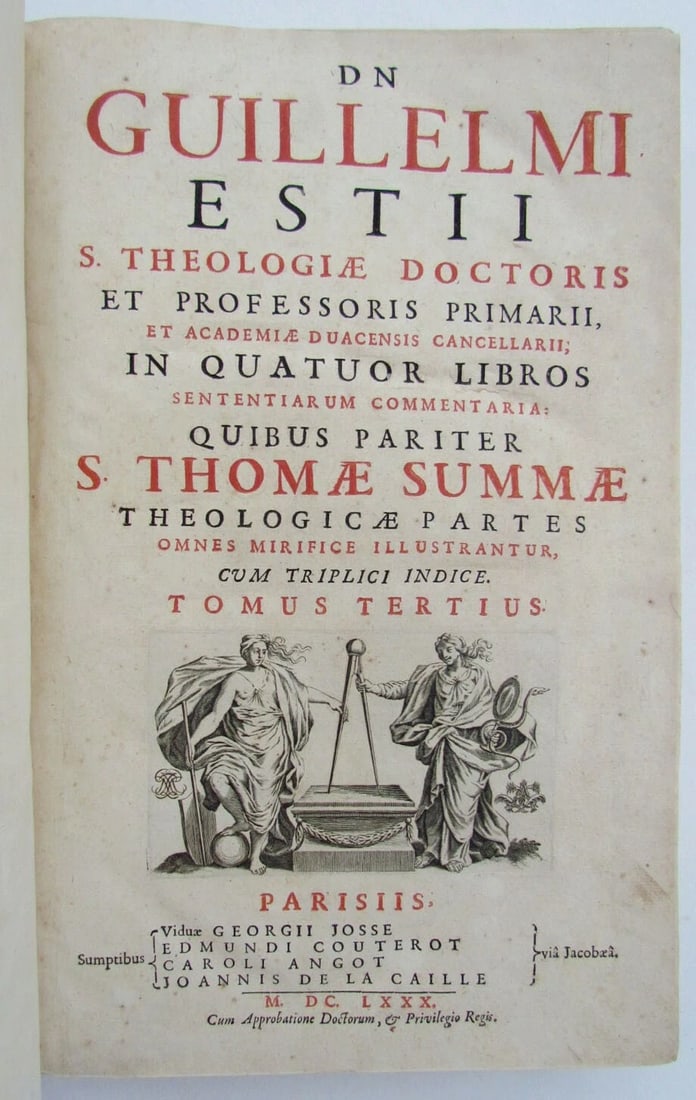 1680 2 volumes ANTIQUE VELLUM BOUND FOLIOS Guillelmi Estii Commentaria - 3