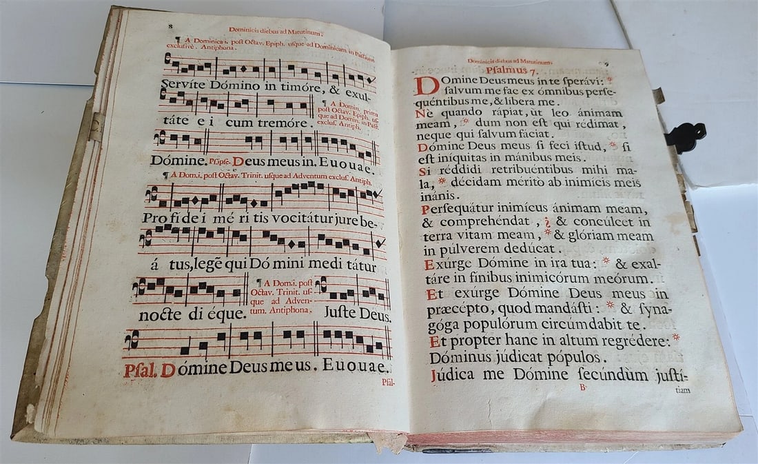 1756 CHORAL PSALTER IMPRESSIVE LARGE PIGSKIN FOLIO w/ METAL FITTINGS antique 16" - 10