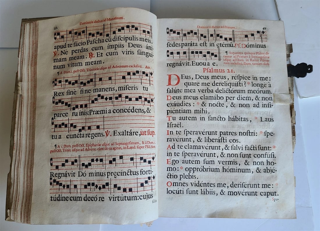 1756 CHORAL PSALTER IMPRESSIVE LARGE PIGSKIN FOLIO w/ METAL FITTINGS antique 16" - 12