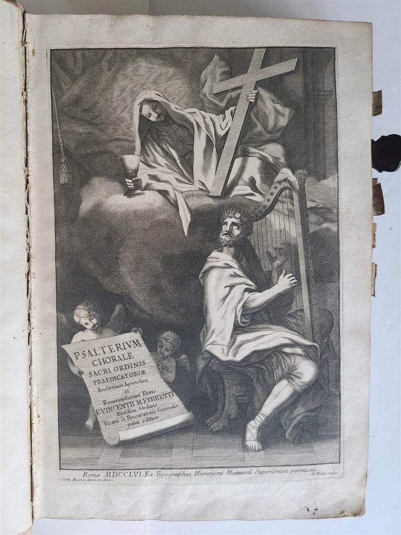 1756 CHORAL PSALTER IMPRESSIVE LARGE PIGSKIN FOLIO w/ METAL FITTINGS antique 16" - 4