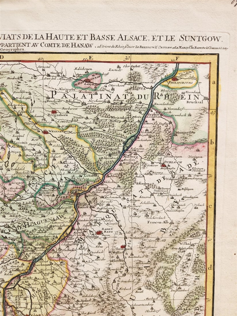 1692 ALSACE FRANCE antique MAP large size 25 by 35.5 inches 17th CENTURY - 5