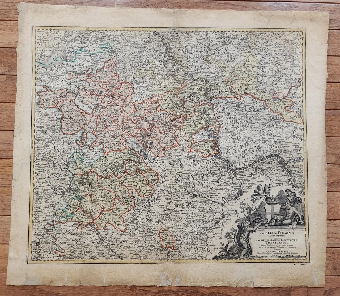 1720 MAP of GERMANY MOSELLE RIVER by J.B.HOMANN antique AUTHENTIC hand colored (1 of 6)