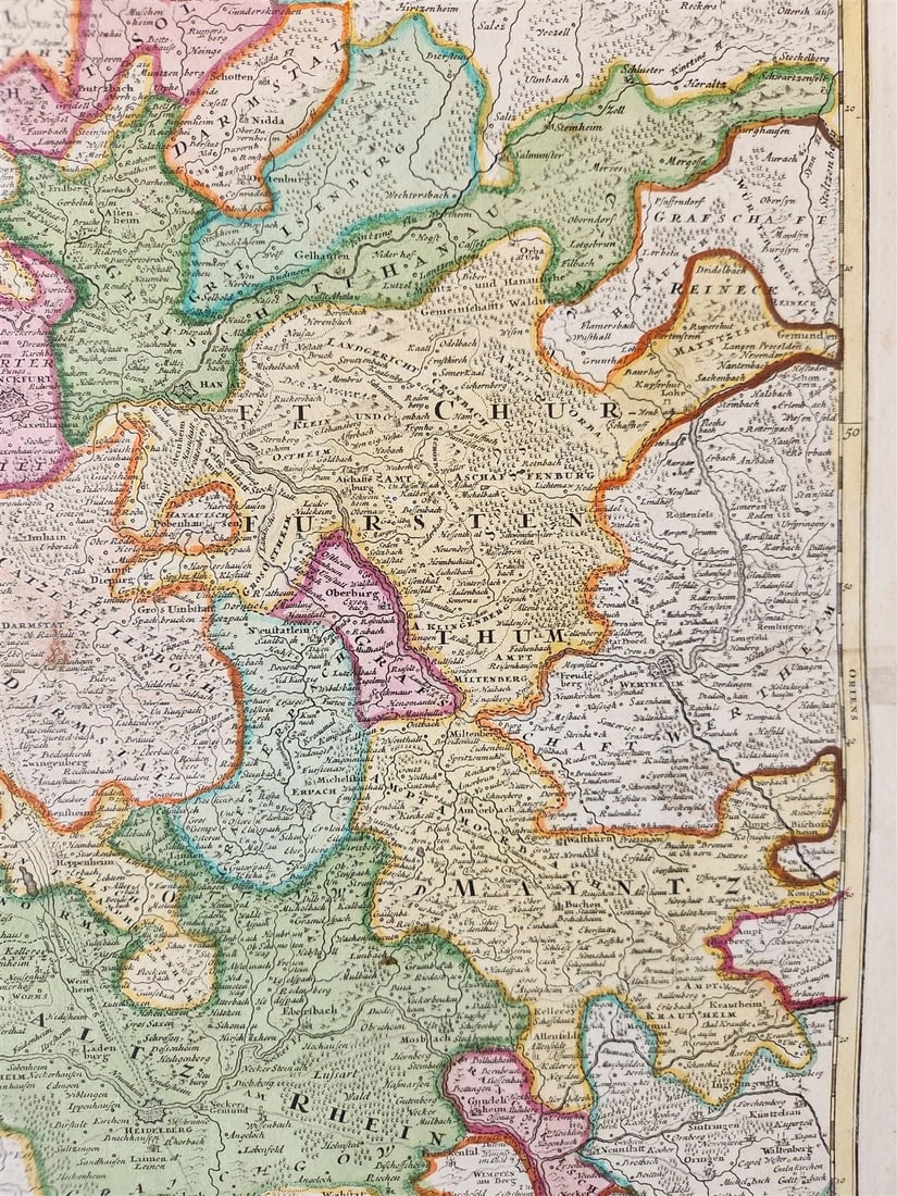 1730s FRANCONIA GERMANY antique MAP Mainz by JOHANN HOMANN - 3