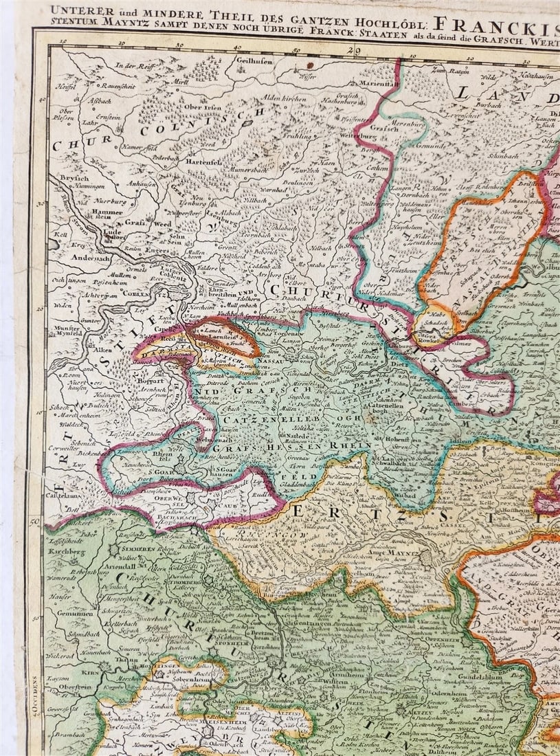 1730s FRANCONIA GERMANY antique MAP Mainz by JOHANN HOMANN - 4
